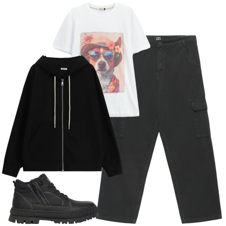 Outfit uomo - Black. Stile Casual per Tutti i giorni. Abbinamento con felpe con cappuccio, t-shirt, pantaloni cargo, stivali e stivaletti.