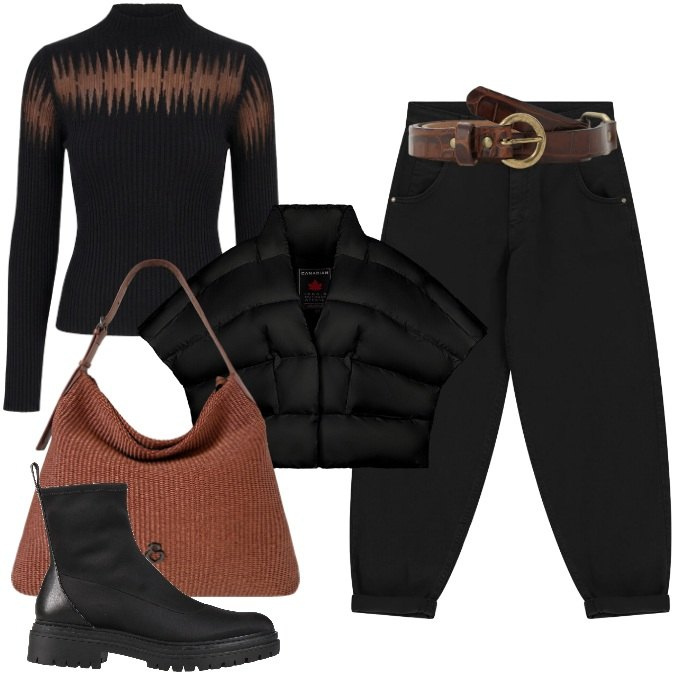 Outfit donna - Un Aperitivo in Città. Stile Trendy per Tutti i giorni. Abbinamento con stivaletti, cinture, pantaloni, pullovers, piumini, borse a spalla.
