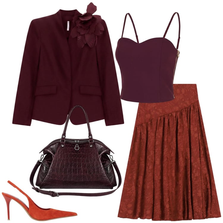 Outfit donna - Cerimonia. Stile Chic per Cerimonia. Abbinamento con décolleté, blazer, gonne lunghe, top, shopping bag.