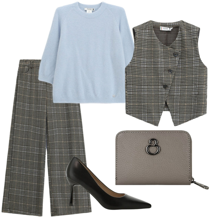 Outfit donna - Tartan nei colori autunnali. Stile Chic per Ufficio. Abbinamento con décolleté, pantaloni, maglieria, gilet, portafogli.