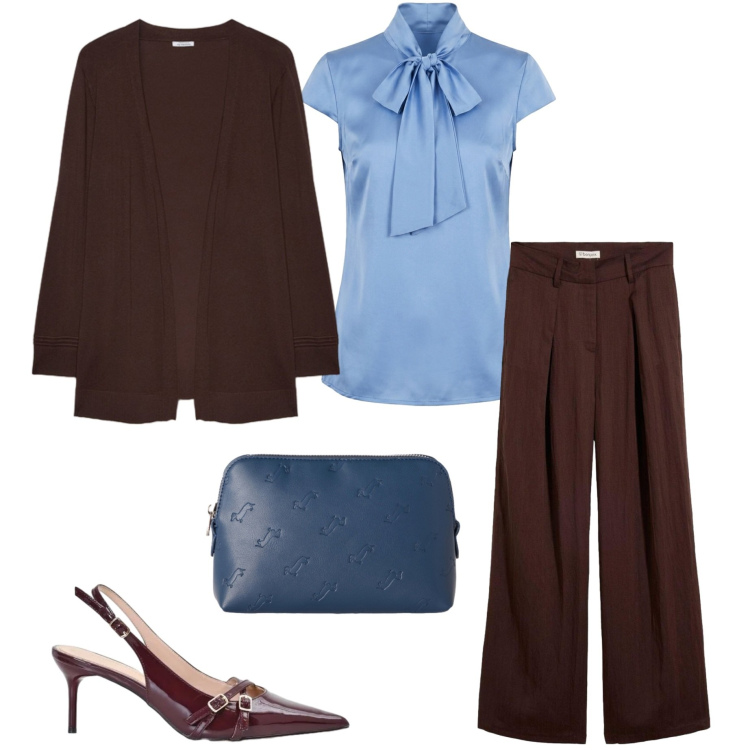 Outfit donna - Pantaloni palazzo e blusa in seta. Stile Casual chic per Ufficio. Abbinamento con pantaloni, pochette, décolleté, cardigans, camicie.