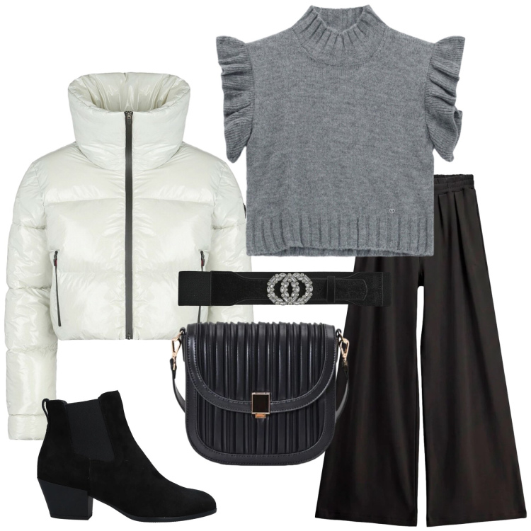Outfit donna - Black and white. Stile Casual chic per Tutti i giorni. Abbinamento con stivaletti chelsea, cinture, maglieria, pantaloni a palazzo, borse a tracolla, piumini.