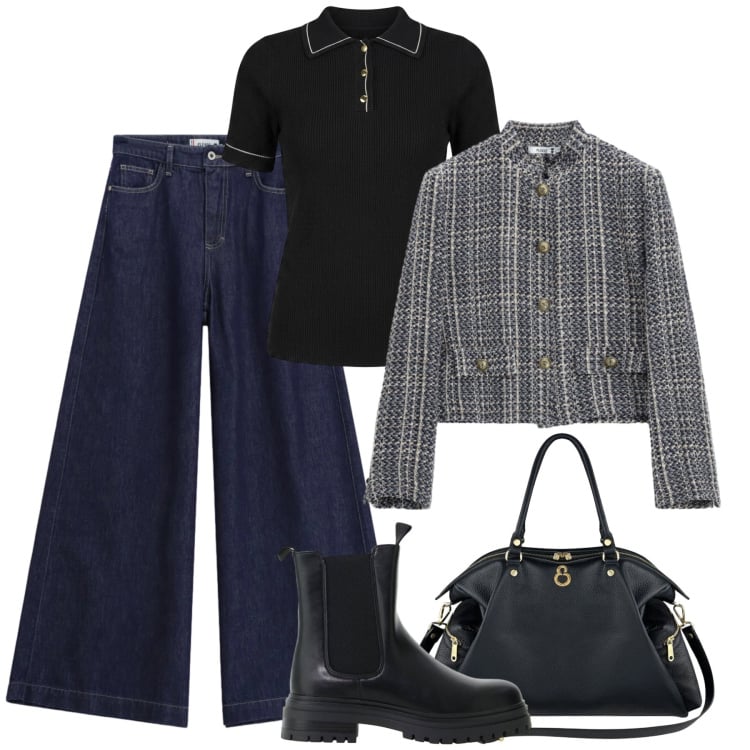 Outfit donna - Dark denim urbano. Stile Urban per Tutti i giorni. Abbinamento con stivaletti chelsea, jeans, cappotti, polo, shopping bag.