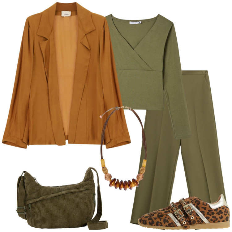 Outfit donna - Tempo libero. Stile Casual per Tutti i giorni. Abbinamento con borse a tracolla, pantaloni a palazzo, blazer, sneakers, t-shirt, collane.