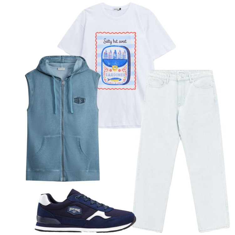 Outfit uomo - Total look #2473850. Stile Casual per Tutti i giorni. Abbinamento con sneakers, gilet, jeans, t-shirt.