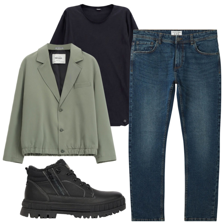 Outfit uomo - Total look #2473857. Stile Casual per Tutti i giorni. Abbinamento con t-shirt, giacche, jeans, stivali e stivaletti.