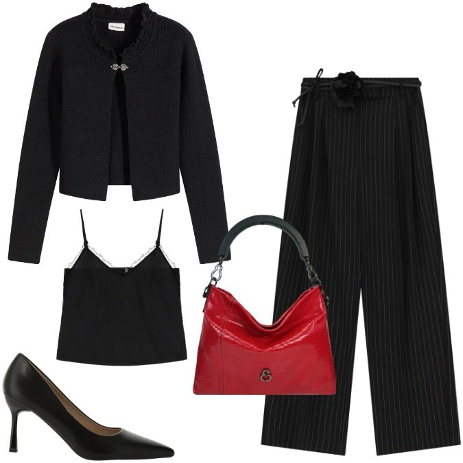 Outfit donna - Total look #2473858. Stile Chic per Serata fuori. Abbinamento con cardigans, décolleté, pantaloni a palazzo, top, borse a mano.