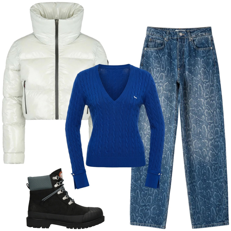 Outfit donna - Total look #2473859. Stile Casual per Tutti i giorni. Abbinamento con stivaletti, pullovers, jeans dritti, piumini.