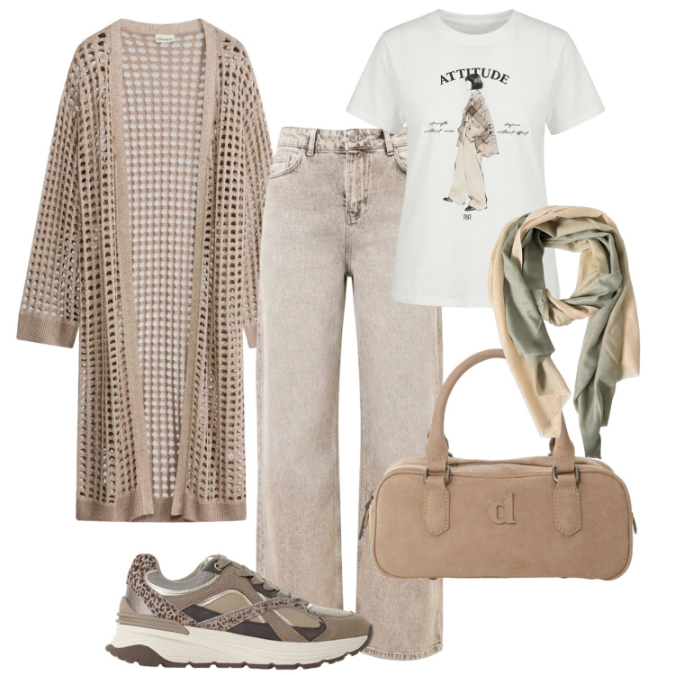 Outfit donna - Rilassata in gita. Stile Casual per Tutti i giorni. Abbinamento con cardigans, sneakers, borse a mano, t-shirt, jeans dritti, foulard.