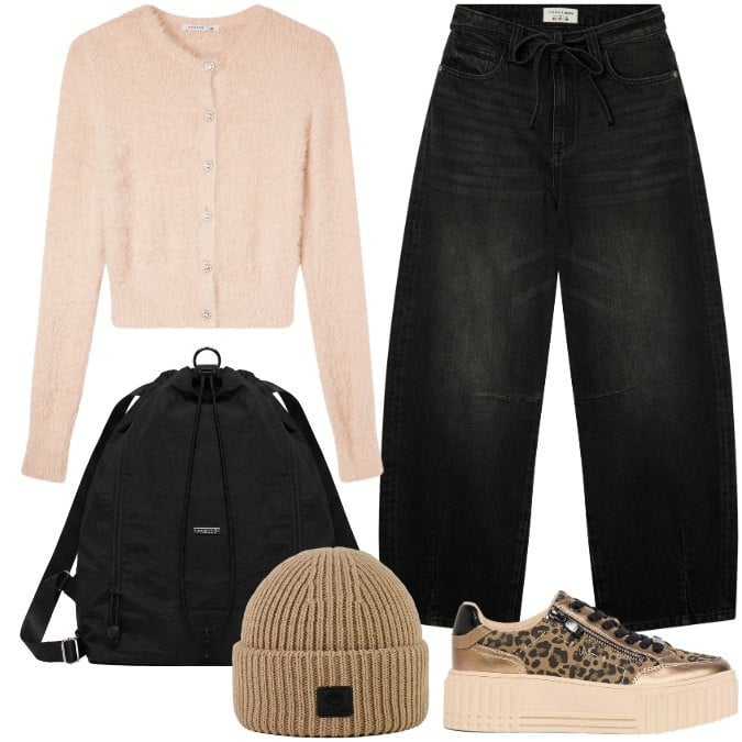 Outfit donna - Back to school. Stile Urban per Scuola/Università. Abbinamento con sneakers, cardigans, jeans, zaini, berretti.