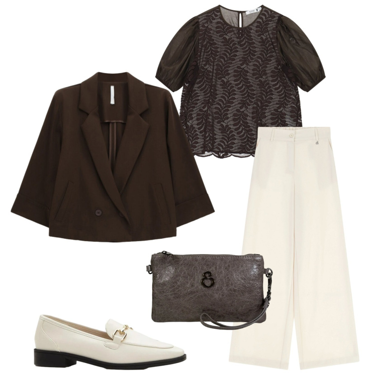 Outfit donna - Total look #2473864. Stile Urban per Ufficio. Abbinamento con mocassini, blazer, bluse, pantaloni a palazzo, pochette.