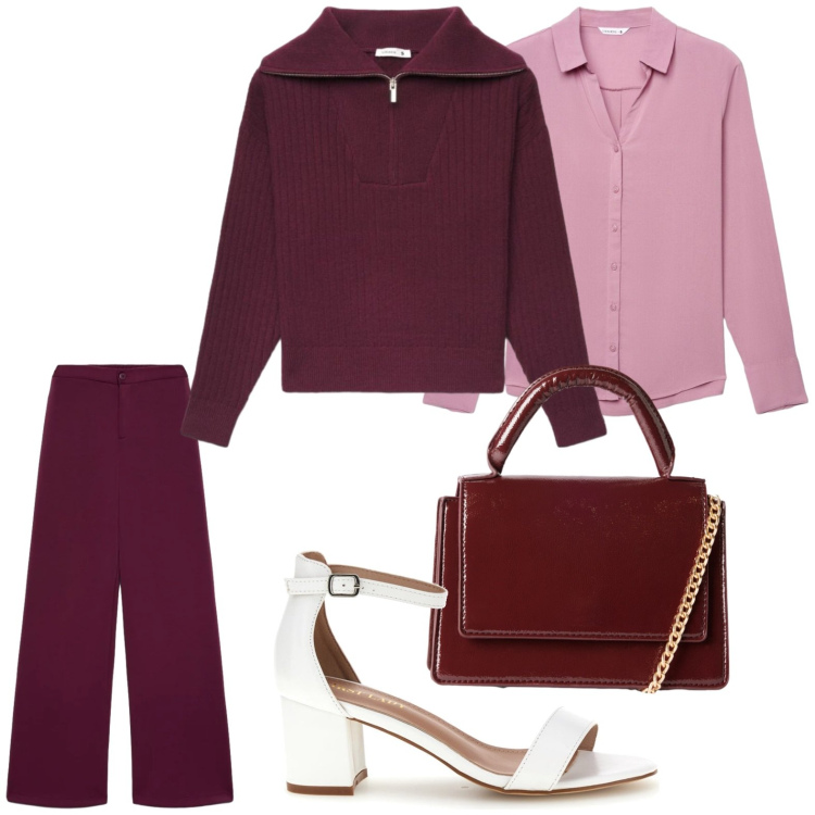 Outfit donna - Terranova - Curvy Back To. Stile Urban per Ufficio. Abbinamento con pantaloni a palazzo, borse a tracolla, camicie, maglieria, sandali col tacco.