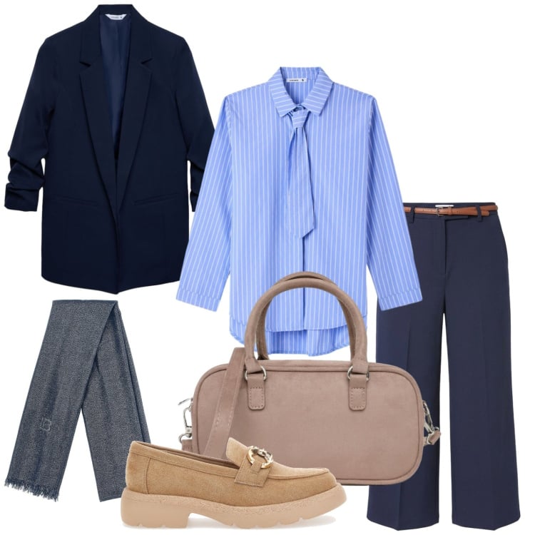 Outfit donna - Terranova - Curvy Back To. Stile Urban per Ufficio. Abbinamento con pantaloni, camicie, blazer, borse a tracolla, mocassini, sciarpe.