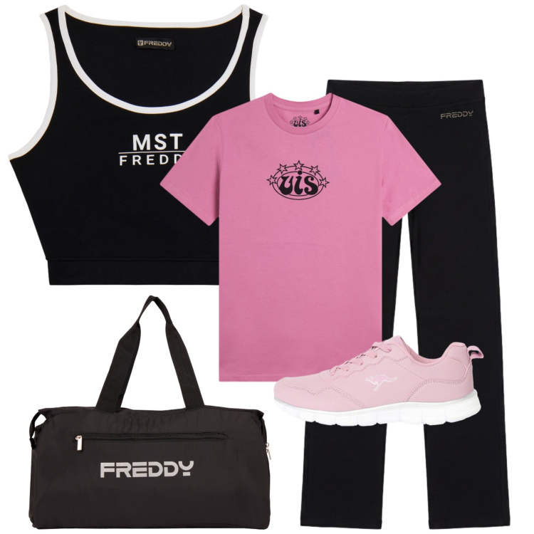 Outfit donna - Total look #2473871. Stile Sporty chic per Sport. Abbinamento con sneakers, pantaloni sportivi, t-shirt sportive, borse sportive, top sportivi.