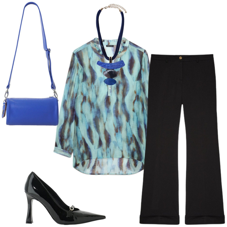 Outfit donna - Total look #2473873. Stile Chic per Serata fuori. Abbinamento con borse a tracolla, décolleté, bluse, ciondoli, pantaloni.