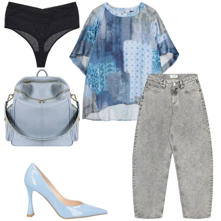 Outfit donna - Total look #2473875. Stile Casual chic per Tutti i giorni. Abbinamento con bluse, zaini, décolleté, jeans, perizomi.