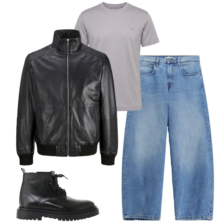 Outfit uomo - City. Stile Casual per Tutti i giorni. Abbinamento con giacche, t-shirt, jeans, anfibi.