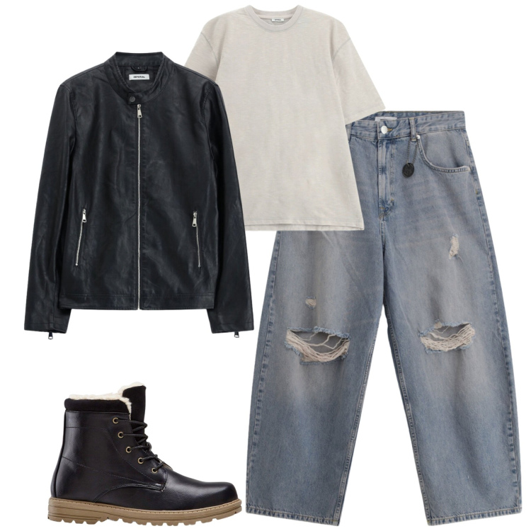 Outfit uomo - Fall. Stile Casual per Tutti i giorni. Abbinamento con stivali e stivaletti, jeans strappati, giacche, t-shirt.