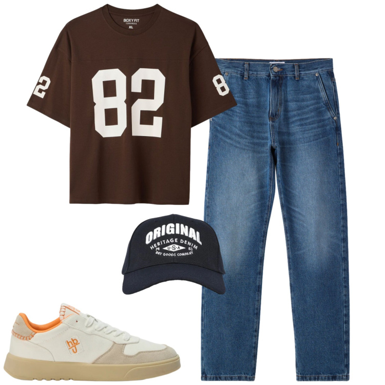 Outfit uomo - Settembre. Stile Casual per Tutti i giorni. Abbinamento con sneakers, cappelli con visiera, jeans dritti, t-shirt.