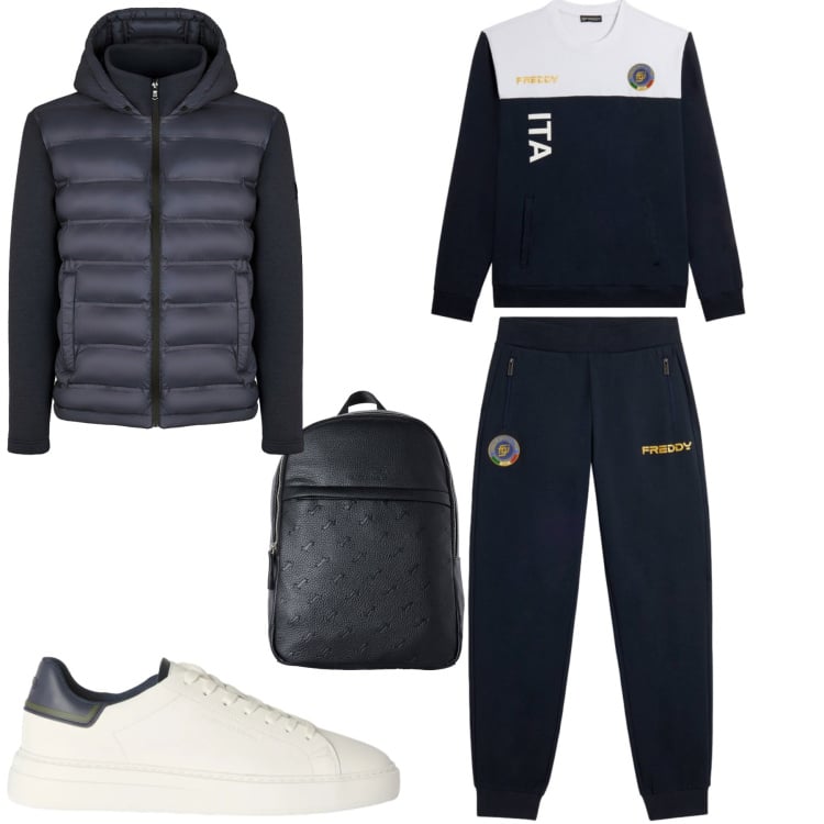 Outfit uomo - Fall. Stile Casual per Tutti i giorni. Abbinamento con borse sportive, sneakers, tute sportive, piumini.
