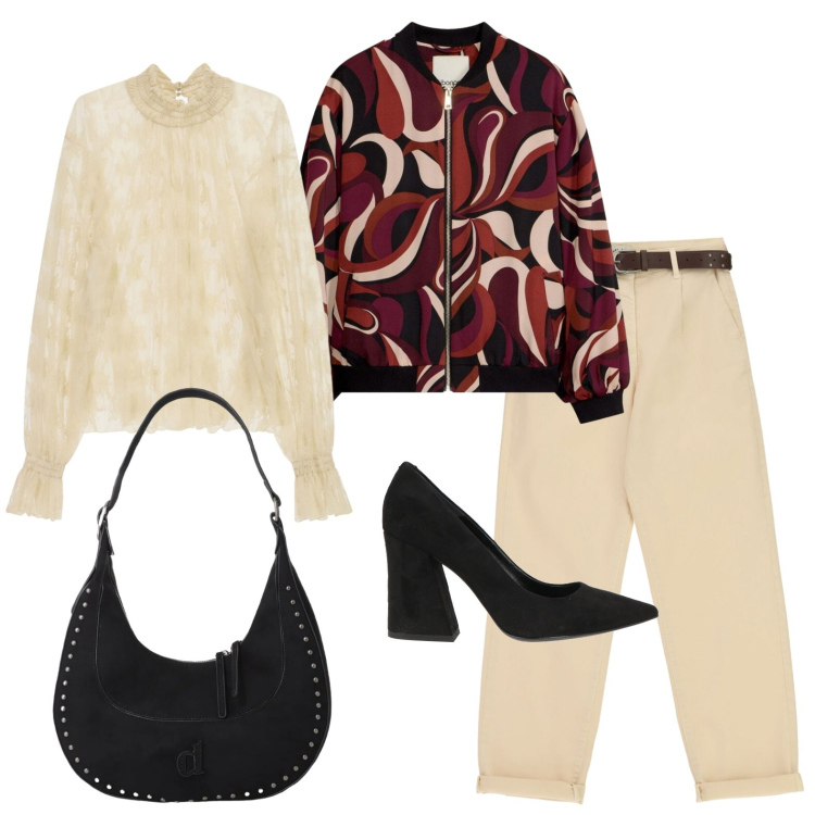 Outfit donna - Bomber fantasia e blusa in pizzo. Stile Casual chic per Tutti i giorni. Abbinamento con décolleté, bomber, bluse, pantaloni, borse a spalla.