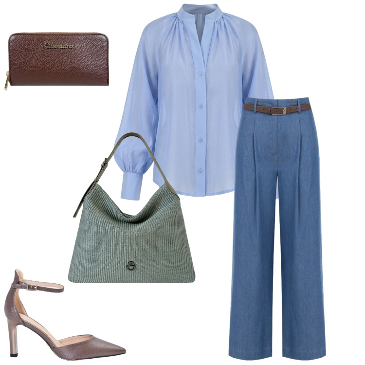Outfit donna - Pantaloni palazzo e blusa. Stile Casual chic per Ufficio. Abbinamento con borse a spalla, portafogli, décolleté, pantaloni a palazzo, camicie.