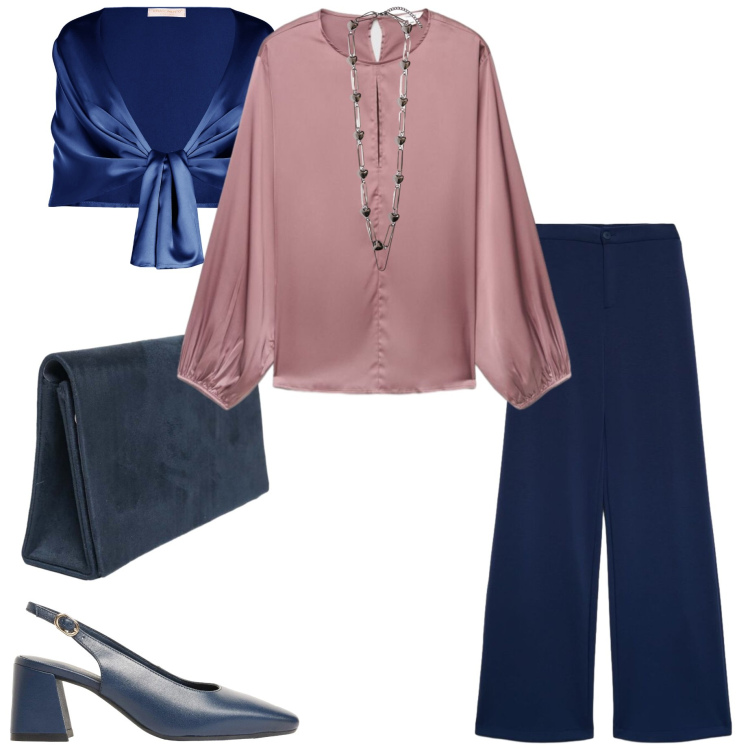 Outfit donna - Pantaloni palazzo e blusa. Stile Chic per Cerimonia. Abbinamento con décolleté, bluse, pantaloni a palazzo, stole, collane, borse a tracolla.