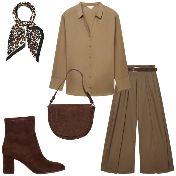 Outfit donna - Pantaloni palazzo e blusa. Stile Casual chic per Ufficio. Abbinamento con stivaletti, pantaloni a palazzo, camicie, foulard, cinture, borse a spalla.