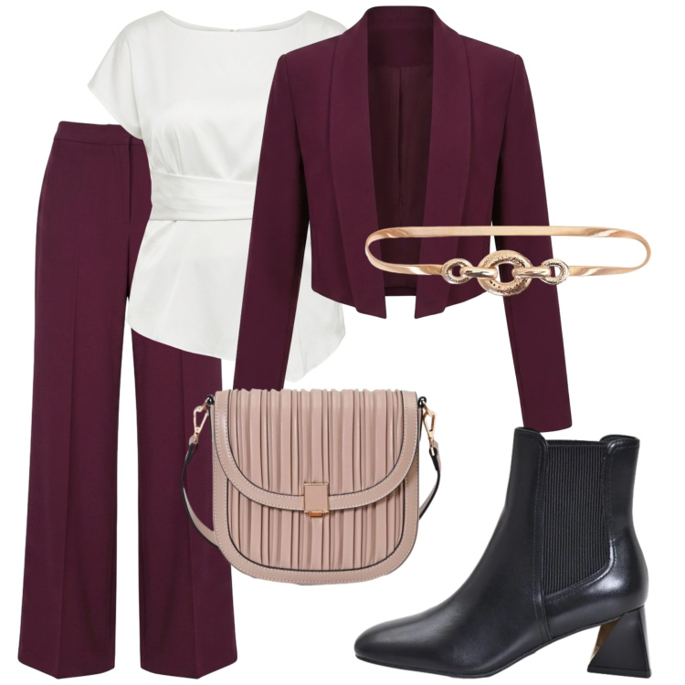 Outfit donna - Total look #2473973. Stile Bon Ton per Serata fuori. Abbinamento con bluse, borse a tracolla, pantaloni a palazzo, cinture, stivaletti, blazer.