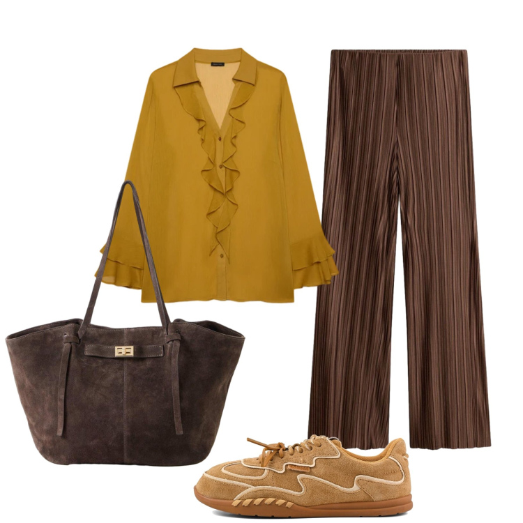 Outfit donna - Appuntamento per un veloce aperitivo. Stile Minimal per Serata fuori. Abbinamento con pantaloni a palazzo, shopping bag, bluse, sneakers.
