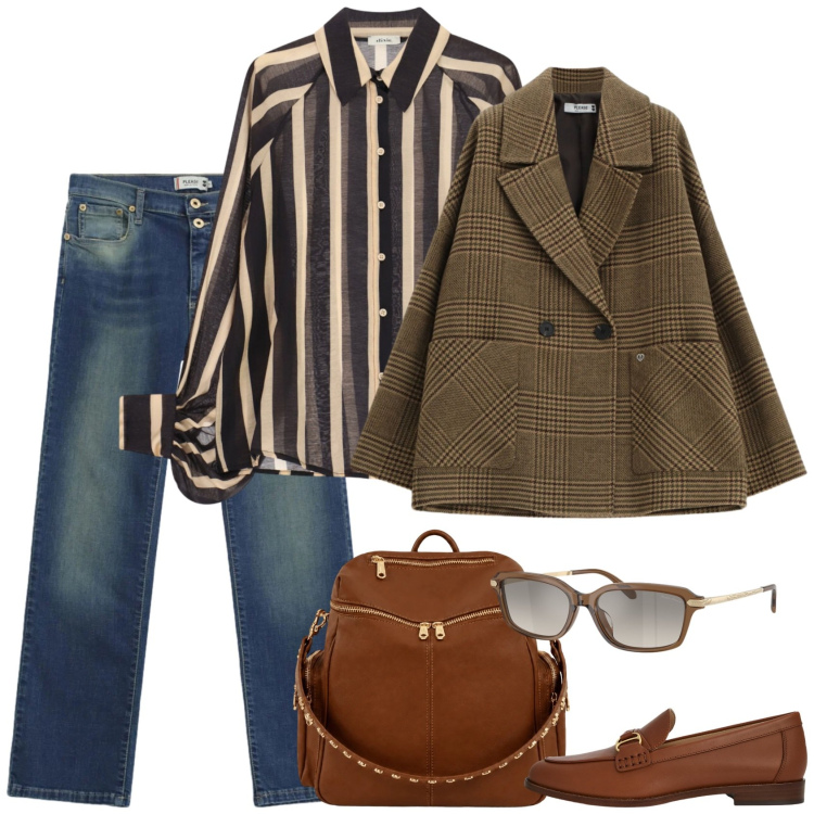 Outfit donna - 17 settembre. Stile Casual chic per Scuola/Università. Abbinamento con jeans slim fit, blazer, camicie, zaini, mocassini, occhiali da sole.