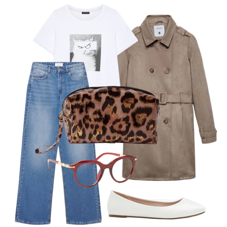 Outfit donna - Settembre. Stile Casual per Tutti i giorni. Abbinamento con ballerine, pochette, trench, jeans, t-shirt, occhiali da sole.