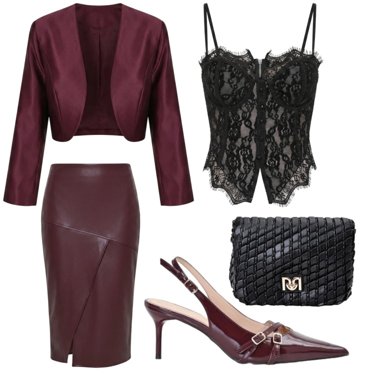 Outfit donna - In festa. Stile Chic per Cerimonia. Abbinamento con top, gonne longuette, borse a tracolla, décolleté, blazer.