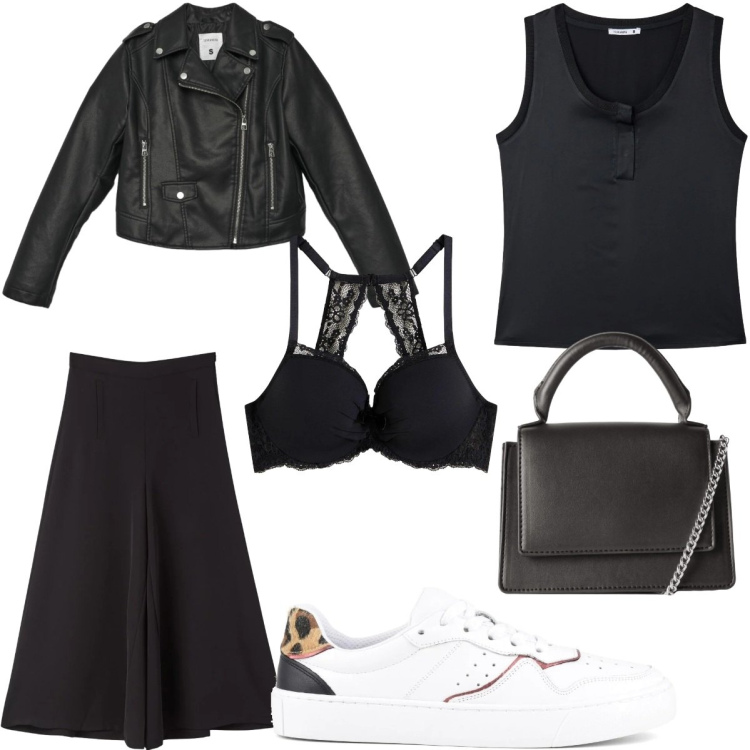 Outfit donna - Pantalone palazzo e blusa in seta. Stile Trendy per Serata fuori. Abbinamento con reggiseni, pantaloni, canottiere, borse a tracolla, giacche, sneakers.