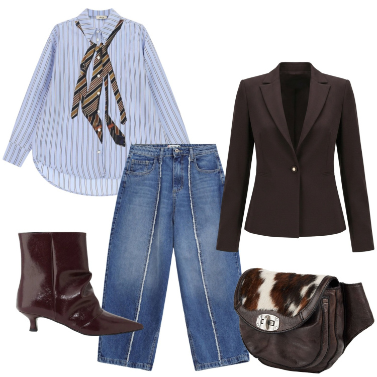 Outfit donna - Super trendy al lavoro. Stile Trendy per Ufficio. Abbinamento con marsupi, camicie, stivaletti, blazer, jeans dritti.