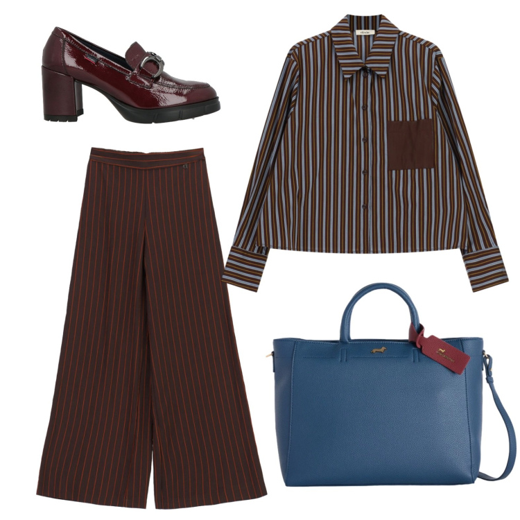 Outfit donna - Giornata a righe. Stile Casual per Ufficio. Abbinamento con mocassini, borse a mano, camicie, pantaloni a palazzo.