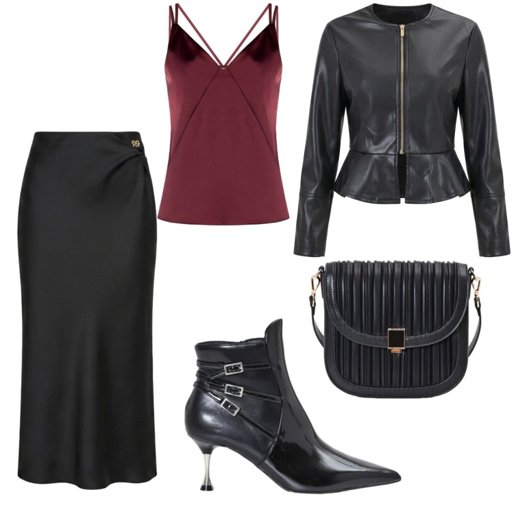 Outfit donna - Total look #2474061. Stile Casual chic per Serata fuori. Abbinamento con gonne longuette, borse a tracolla, top, stivaletti, giacche.