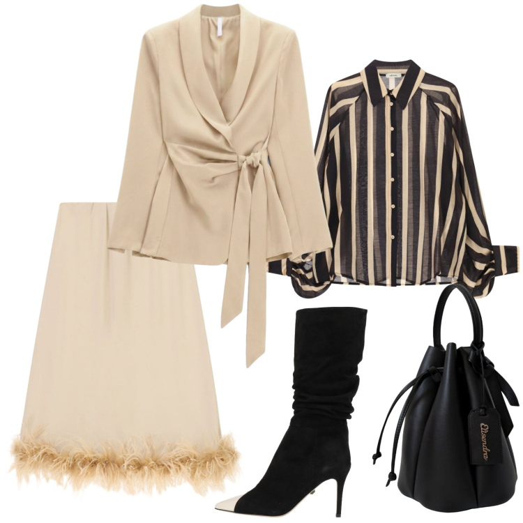 Outfit donna - Serata chic. Stile Chic per Serata fuori. Abbinamento con stivali, blazer, camicie, gonne longuette, borse a secchiello.