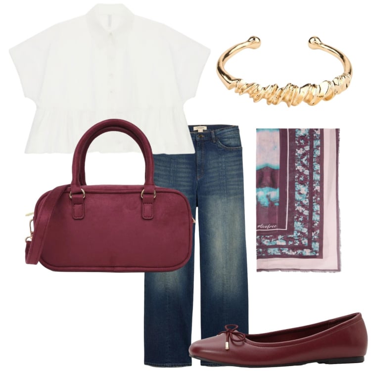 Outfit donna - Total look #2474063. Stile Casual chic per Tutti i giorni. Abbinamento con ballerine, braccialetti, jeans dritti, borse a tracolla, camicie a manica corta, foulard.