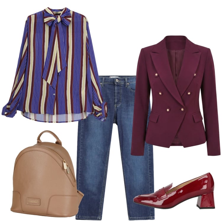 Outfit donna - Una deliziosa camicia rigata. Stile Casual chic per Ufficio. Abbinamento con zaini, mocassini, jeans dritti, camicie, blazer.