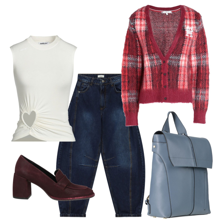 Outfit donna - Il top con il cuore. Stile Casual chic per Tutti i giorni. Abbinamento con mocassini, cardigans, zaini, top, jeans.