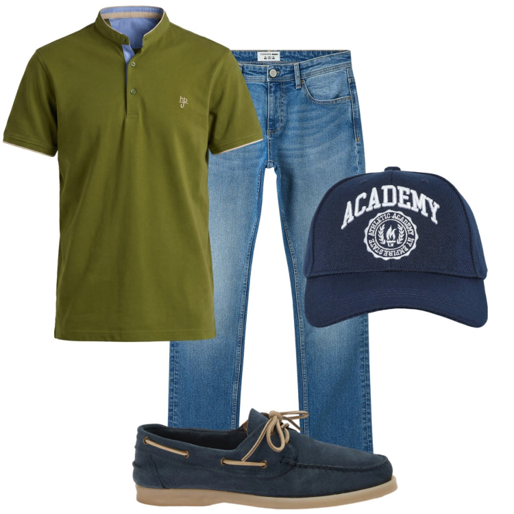 Outfit uomo - Total look #2474067. Stile Casual per Tutti i giorni. Abbinamento con scarpe stringate, polo, jeans, cappelli con visiera.