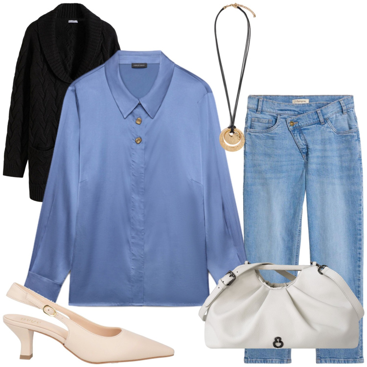 Outfit donna - Silvia. Stile Casual chic per Tutti i giorni. Abbinamento con décolleté, jeans mom, cardigans, ciondoli, bluse, clutch.