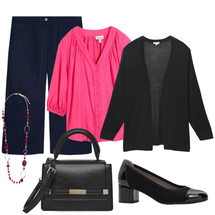 Outfit donna - Total look #2474078. Stile Casual chic per Tutti i giorni. Abbinamento con bluse, décolleté, cardigans, borse a tracolla, pantaloni, collane.
