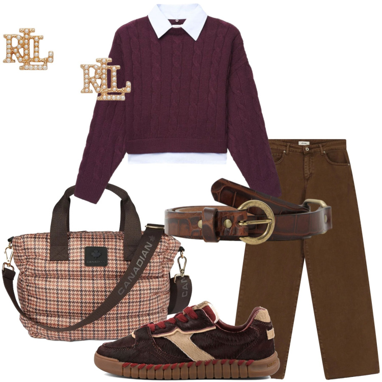Outfit donna - Dark denim - Il jeans per l\'autunno. Stile Preppy per Scuola/Università. Abbinamento con maglieria, jeans dritti, cinture, borse tote, orecchini, sneakers.