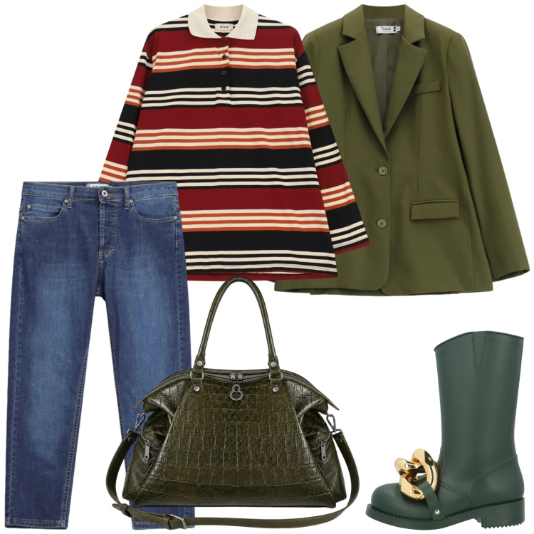 Outfit donna - Total look #2474088. Stile Casual chic per Tutti i giorni. Abbinamento con stivaletti, blazer, jeans dritti, polo, shopping bag.