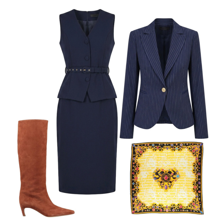 Outfit donna - Stile classico. Stile Chic per Tutti i giorni. Abbinamento con stivali, sciarpe, vestiti asimmetrici, blazer.