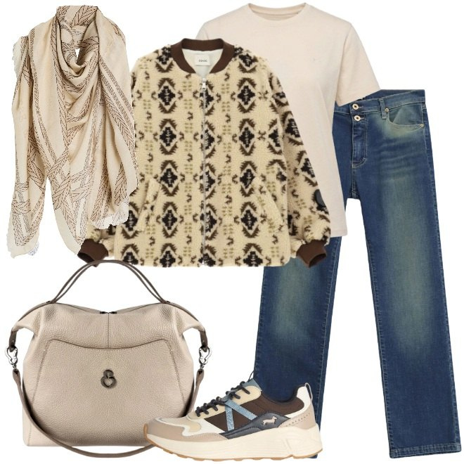 Outfit donna - Toni chiari per un fine settimana. Stile Casual chic per Tutti i giorni. Abbinamento con sciarpe, sneakers, t-shirt, bomber, jeans slim fit, borse a mano.
