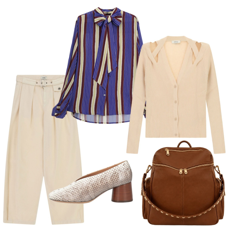 Outfit donna - Un mercoledì in ufficio. Stile Bon Ton per Ufficio. Abbinamento con décolleté, camicie, cardigans, pantaloni a palazzo, zaini.