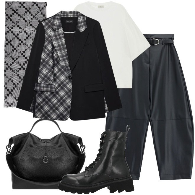 Outfit donna - Anfibi per il fine settimana. Stile Urban per Tutti i giorni. Abbinamento con sciarpe, stivaletti, pantaloni, t-shirt, blazer, borse a spalla.